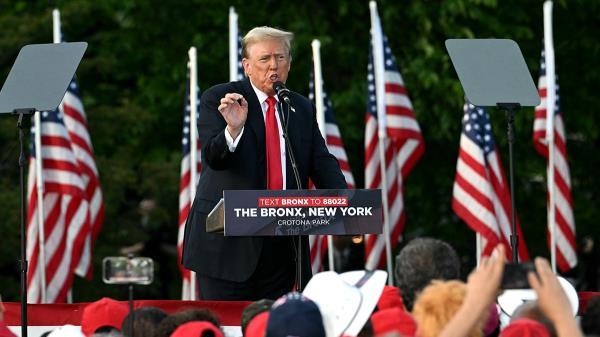 Former US President and Republican presidential candidate Do<em></em>nald Trump speaks during a campaign rally in the South Bronx in New York City on May 23, 2024. (Photo by Jim WATSON / AFP) (Photo by JIM WATSON/AFP via Getty Images)