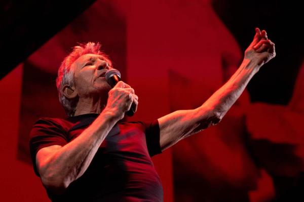 British musician and co-founder of the Pink Floyd band Roger Waters performs on stage.
