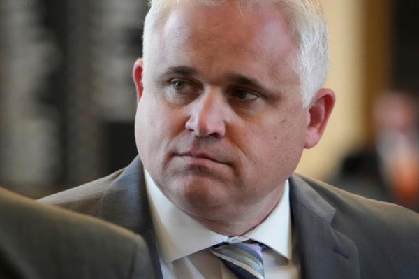 Rep. Bryan Slaton, R-Royse City, looks on in the House Chamber at the Capitol, in Austin, Texas, on Jan. 18, 2023. On Saturday, May 6, a Texas legislative committee recommended that Slaton be expelled for inappropriate sexual co<em></em>nduct with a 19-year-old intern.