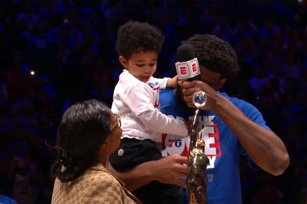 Joel Embiid started tearing up when his son reached wher<em></em>e he was standing.