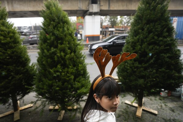 FILE - A girl wearing a reindeer antler headband shops for a Christmas tree with her family at the Jamaica market, in Mexico City, Dec. 14, 2023. (AP Photo/Fernando Llano, File)