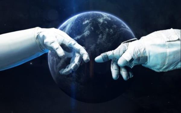 Astro<em></em>naut hands with background of blue planet.