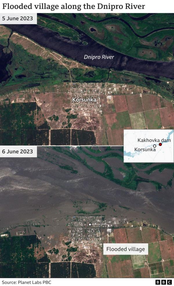 Satellite images showing flooding in Korsunka