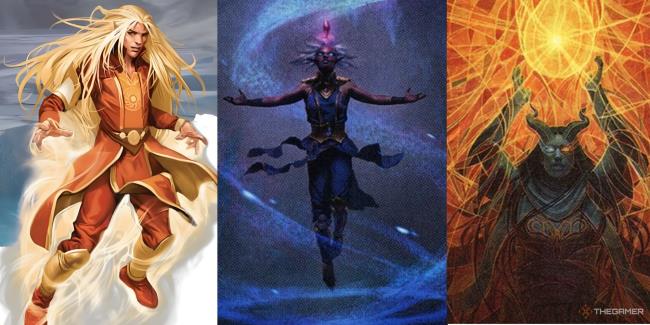 A collage of three different sorcerers. One is an elf glowing with white light, one is a human with a dark blue aura, and one is a tiefling summo<em></em>ning a large fireball