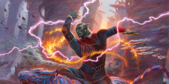 a mounted sorcerer wildly co<em></em>njures the four elements