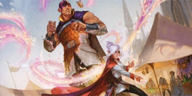 A gnome sorcerer and a human fighter are surrounded by pink magic in a market