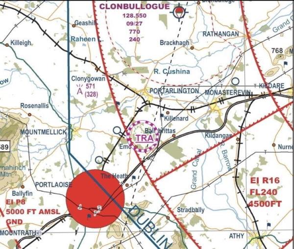The Temporary Restricted Area (TRA) is within the purple and white circle marked on the map. Photo: Irish Aviation Authority on X