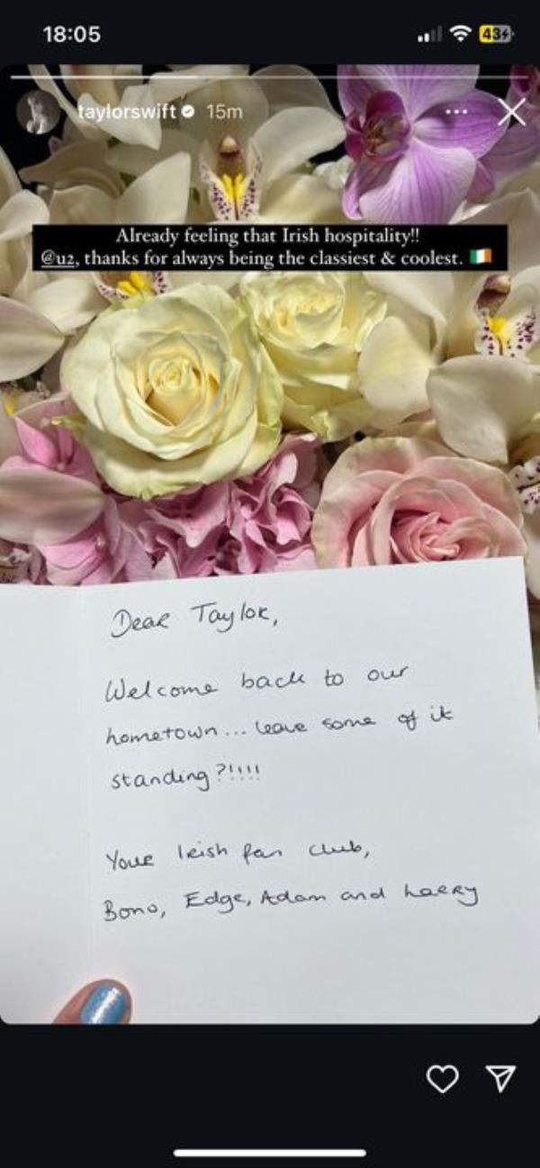 The message U2 sent to Taylor Swift ahead of her first night in the Aviva Stadium