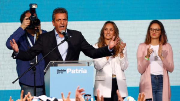 Argentina's presidential candidate Sergio Massa addresses supporters, as he reacts to the results of the presidential election, in Buenos Aires, Argentina October 22, 2023. REUTERS/Mariana Nedelcu