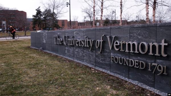 Signage is seen for the University of Vermont, in Burlington, Vermont.