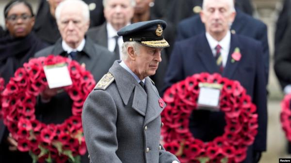 Britain's King Charles III attends the Natio<em></em>nal Service of Remembrance at The Cenotaph on Whitehall in London, Nov. 12, 2023. (Kin Cheung/Pool via Reuters)