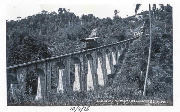 The first-generation funicular train travelling along the viaduct. Photo: University of Leiden