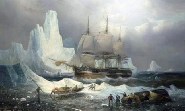 1846 painting entitled HMS Erebus in the Ice by Fran?ois-étienne Musin showing men pulling small boats with ropes on an ice floe, with an iceberg and a ship with five sails behind clouds in the background