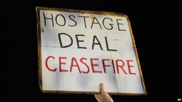 Families and friends of a<em></em>bout 240 hostages held by Hamas in Gaza call for Israeli to bring them home during a demo<em></em>nstration in Tel Aviv, Israel, Nov. 21, 2023.