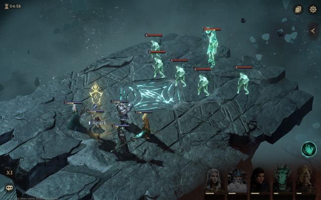 Five charactesr, including the main character avatar, fighting multiple enemies in Dragonheir: Silent Gods.