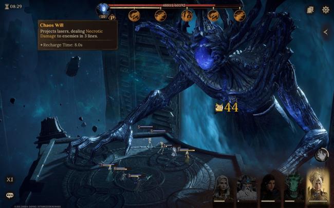 A party fighting against one of the first bosses as it prepares to use its ability in Dragonheir: Silent Gods.