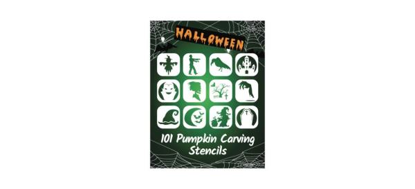 A green package of white Halloween-themed stencils, with designs like ghosts and a witch hat
