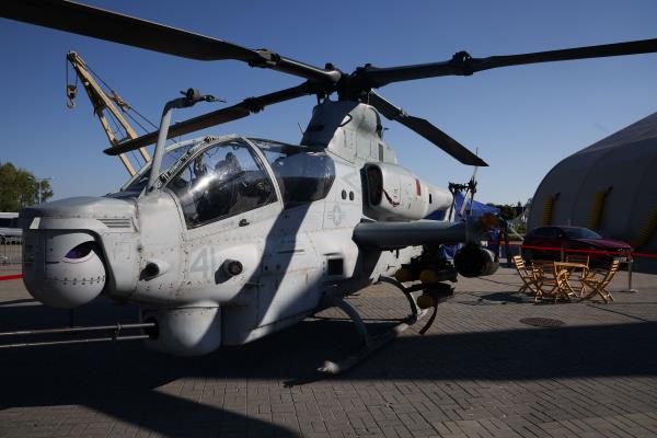 A Bell helicopter Ah-1Z Viper helicopter is seen outside a hall at the 30th Internatio<em></em>nal Defence Industry Exhibition in Kielce