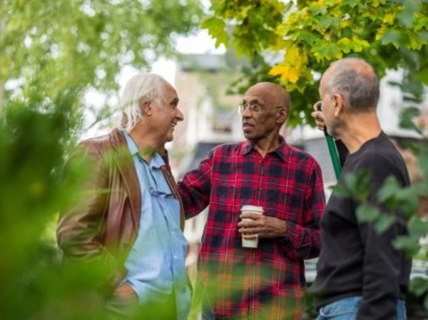 Group of senior men of various backgrounds havin<em></em>g a friendly chat in the front yard of one man while he is raking the leafs. Bright fall scene on the road in the North American city.