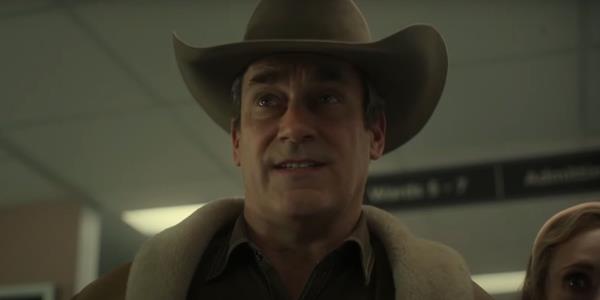 Jon Hamm as Tillman stands by Dot in Fargo