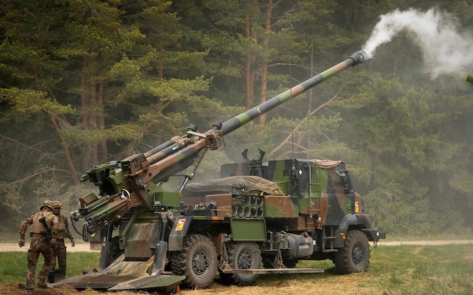 French soldiers fire a French-made CAESAR self-propelled howitzer during the Spring Storm 2023 military drills, the largest annual exercise of Esto<em></em>nian Defence Forces,
