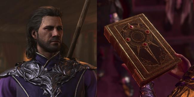 Baldur's Gate 3 split image of Gale and the Annals of Karsus