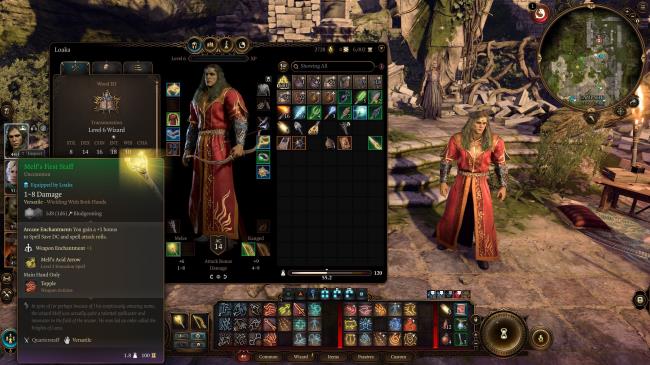 Baldur's Gate 3 Wood Elf Transmutation Wizard inventory showing Melf's First Staff