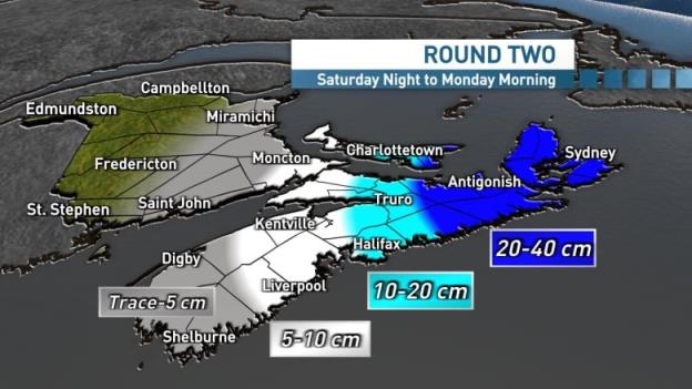 A weather map of the Atlantic provinces.