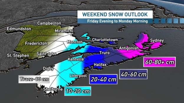 A weather map of the Atlantic provinces.