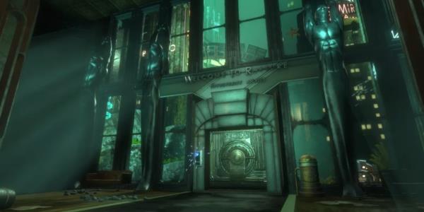An ornate door and window showing the ocean in Bioshock's Rapture.