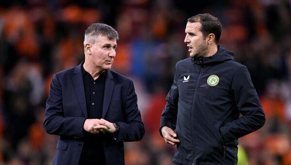 Republic of Ireland manager Stephen Kenny and coach John O'Shea, right, before the UEFA EURO 2024 Champio<em></em>nship qualifying group B match between Netherlands and Republic of Ireland at Johan Cruijff ArenA in Amsterdam, Netherlands. Photo by Stephen McCarthy/Sportsfile