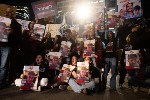  Families of the hostages, and their supporters call for the release of all the hostages during a demo<em></em>nstration outside The Kirya ahead of the war cabinet meeting on the fifth day of the temporary truce on November 28, 2023