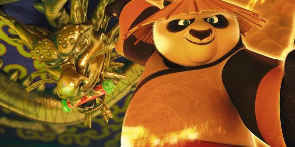 Po as the Dragon Warrior in Kung Fu Panda 3 next to the Dragon Scroll