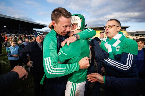 O'Loughlin Gaels Manager Brian Hogan celebrates after the game with Paddy Deegan. Pic: ?INPHO/Ben Brady