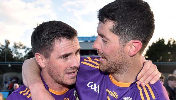 Shane Walsh, left, and Rory O'Carroll of Kilmacud Crokes celebrate after the Dublin County Senior Club Football Champio<em></em>nship final. Pic: Daire Brennan/Sportsfile