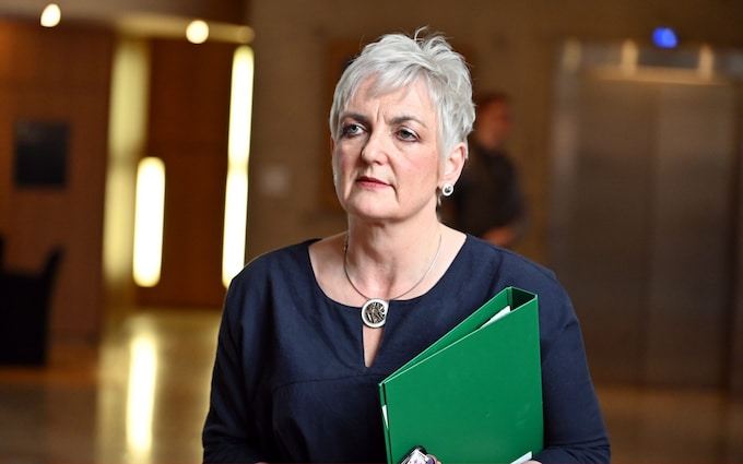 Angela Co<em></em>nstance on the way to Topical Questions in the Scottish Parliament, wher<em></em>e she was questio<em></em>ned on the Scottish Government's plans for juryless trials, on May 2, 2023