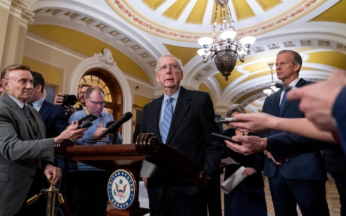 Senate Republican Leader Mitch McCo<em></em>nnell speaks to the media on Capitol Hill in Washington