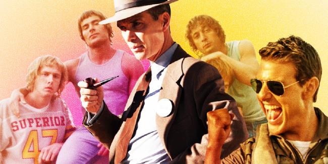 Cillian Murphy as Oppenheimer standing in the center, Tom Cruise from Top Gun Maveric at the bottom right, and the boys from The Iron Claw in the background.