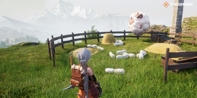Player standing next to a Ranch and there is a Lamball inside with a bunch of wool Palworld-1