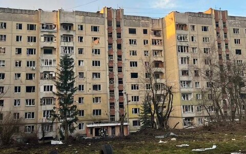 An apartment block damaged by Russian missiles in the rarely-targeted western city of Lviv