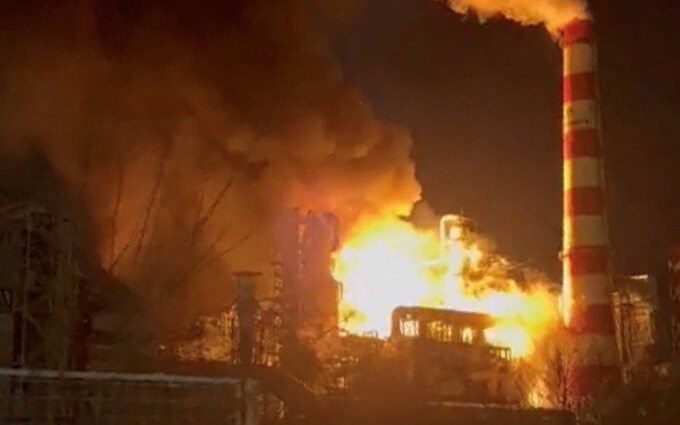 The fire engulfed the oil refinery late on Wednesday night after a drone was spotted flying towards it