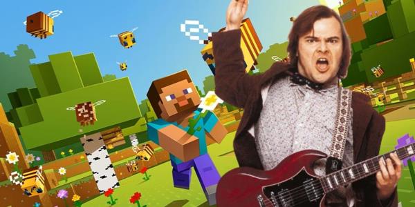 Jack Black in School of Rock alo<em></em>ngside Steve in Minecraft.