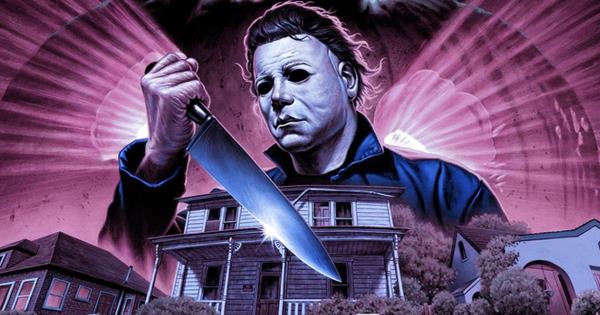 A new poster for the original Halloween movie with Michael Myers holding a large kitchen knife over a house in the suburbs with a giant pumpkin glowing behind him.