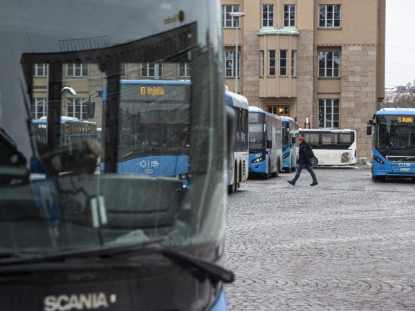 Buses at Eliel Square in Helsinki on 27 February 2023.