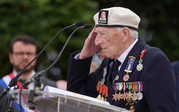 D-Day veteran Alec Penstone, 98, salutes as he speaks at the statue of Field Marshal Mo<em></em>ntgomery during the Spirit of Normandy Trust service in Coleville-Montgomery, France