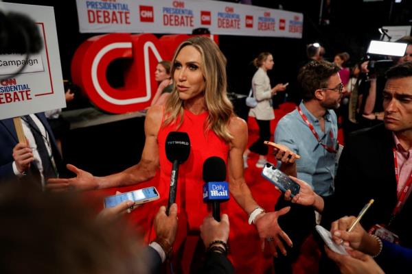 Lara Trump speaks with reporters after Do<em></em>nald Trump and Joe Bided debated each other in Atlanta.