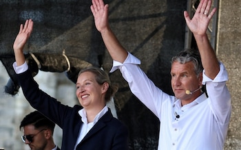 Alice Weidel, co-leader of Germany's AfD party gestures alo<em></em>ngside Bjorn Hocke at an election campaign rally on Aug 31
