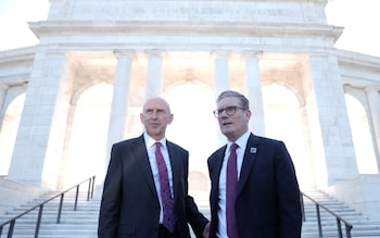 Sir Keir with John Healey, UK Defence Secretary, at Arlington Natio<em></em>nal Cemetery in Washington, DC