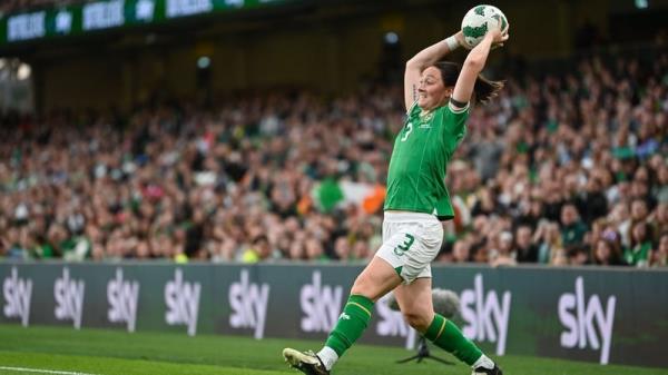 Substitute Megan Campbell launches a throw-in the 3-0 defeat to Sweden