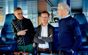 The three Nordic leaders o<em></em>nboard a coastguard vessel in Bodo in Norway